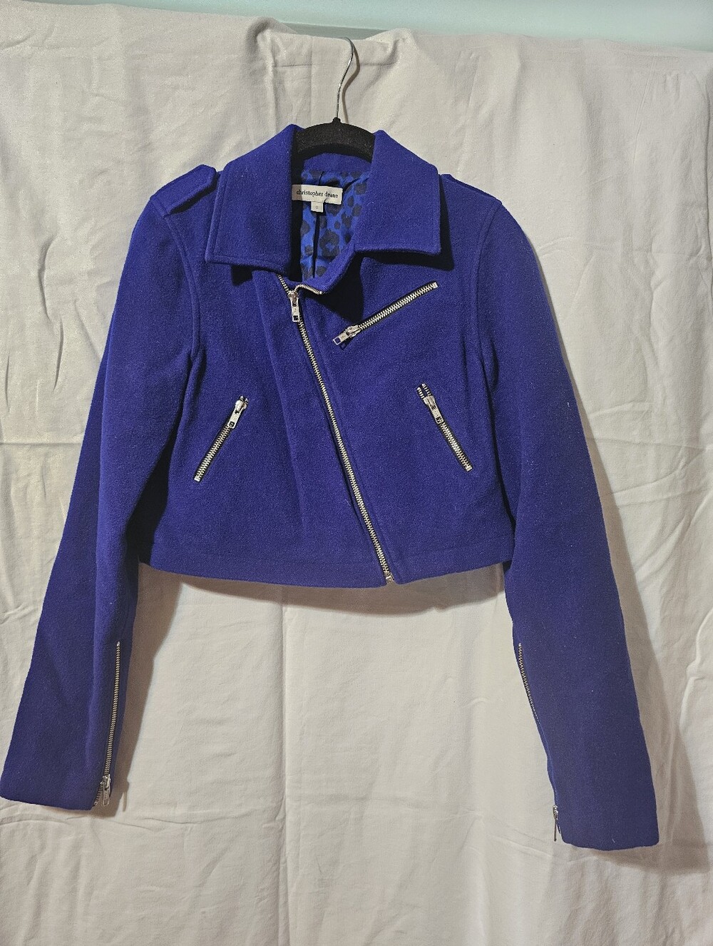 Christopher Deane Cobalt Blue Cropped Asymmetrical Zip Leather Jacket